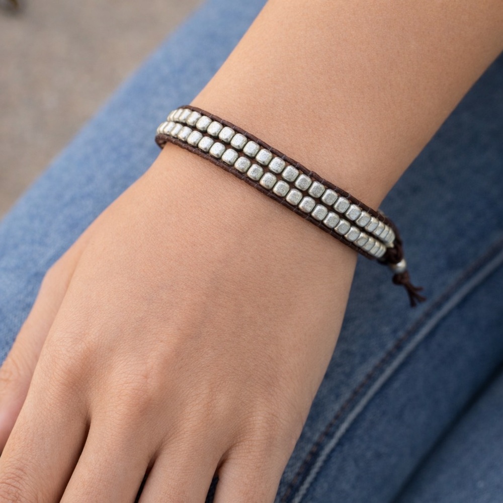 Brown Faux Leather Wrap Bracelet Silver Beads